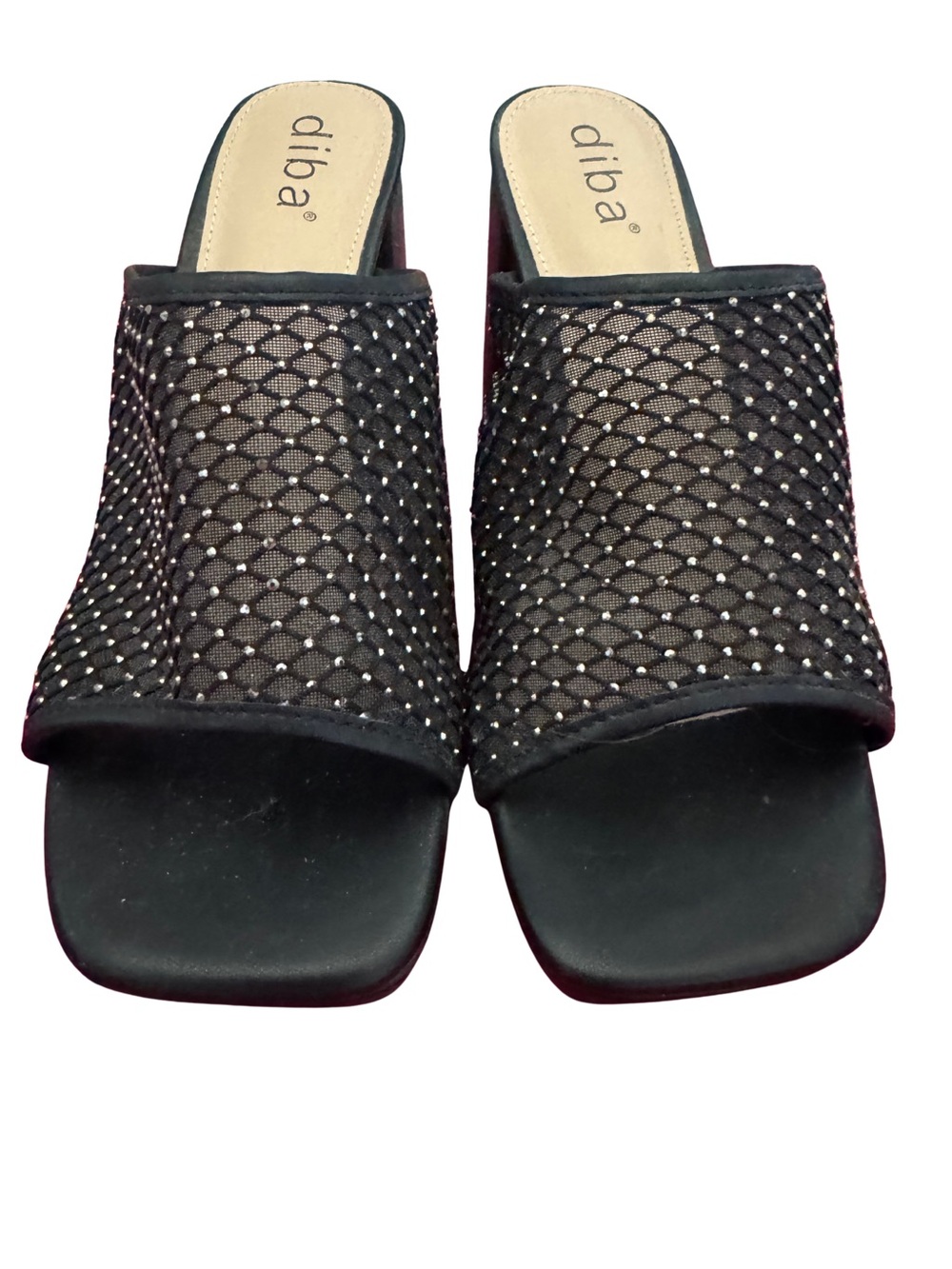 Diba Black Rhinestone Mesh Block Heel Mule Sandals Size 8.5